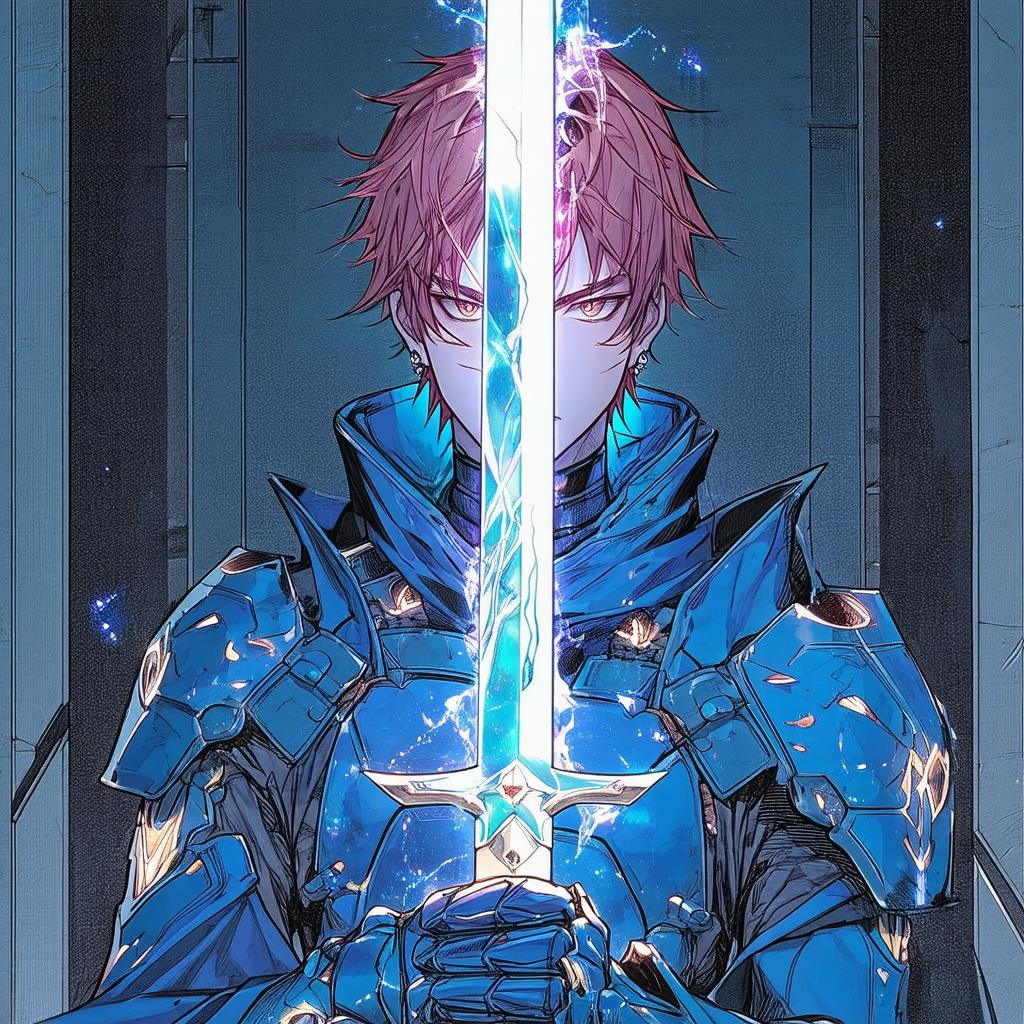 character drawn in the style of jujutsu kaisen holding of sword made of glass. He has fierce gleaming eyes and deep red 