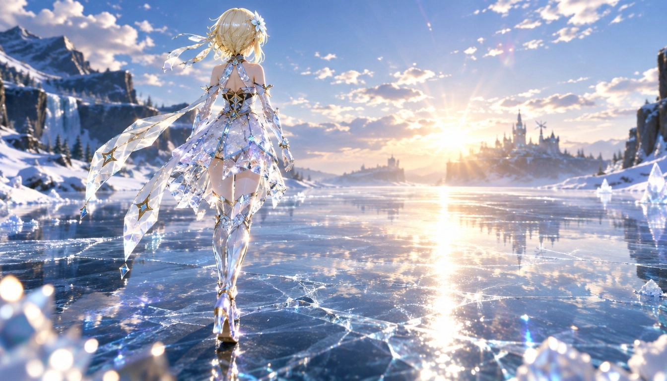 Lumine from Genshin Impact, made of glass, walking along frozen ice lake, tall boots, sparkling crystalline outfit, elbo