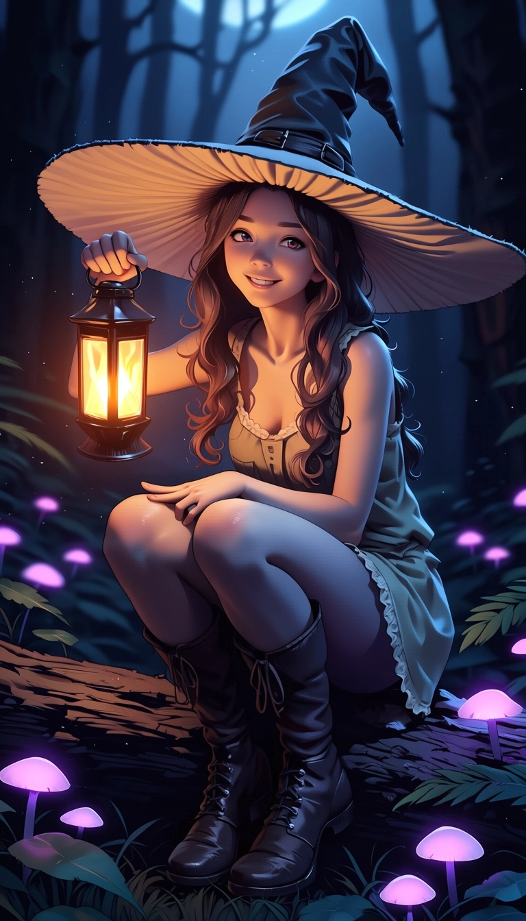 1girl, smiling, holding a lantern, night forest, glowing mushrooms, fantasy art, soft moonlight, magical atmosphere, det