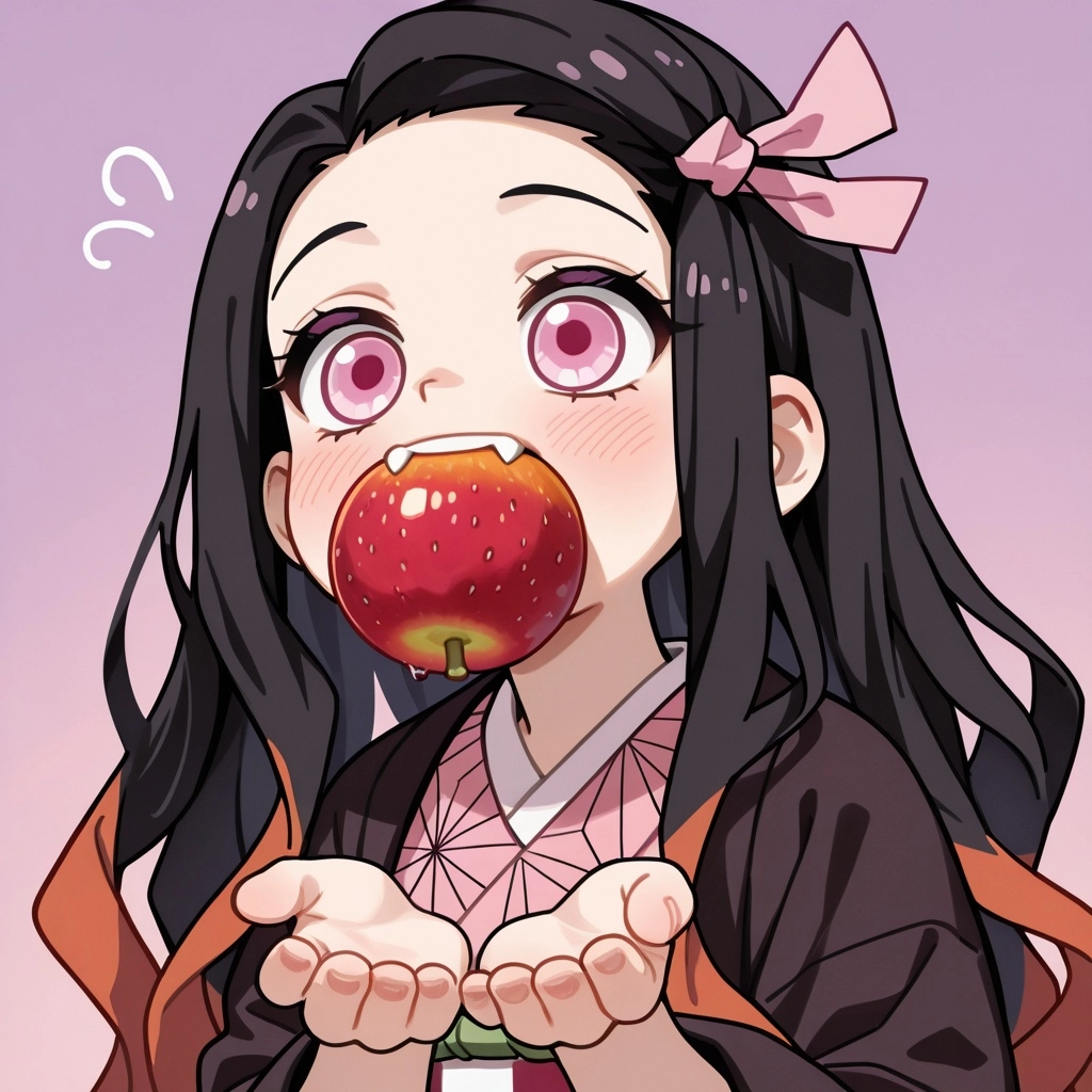 kamado nezuko, kimetsu no yaiba, demon slayer, very cute demon girl, black long hair, orange hair tips, demon pink eyes,