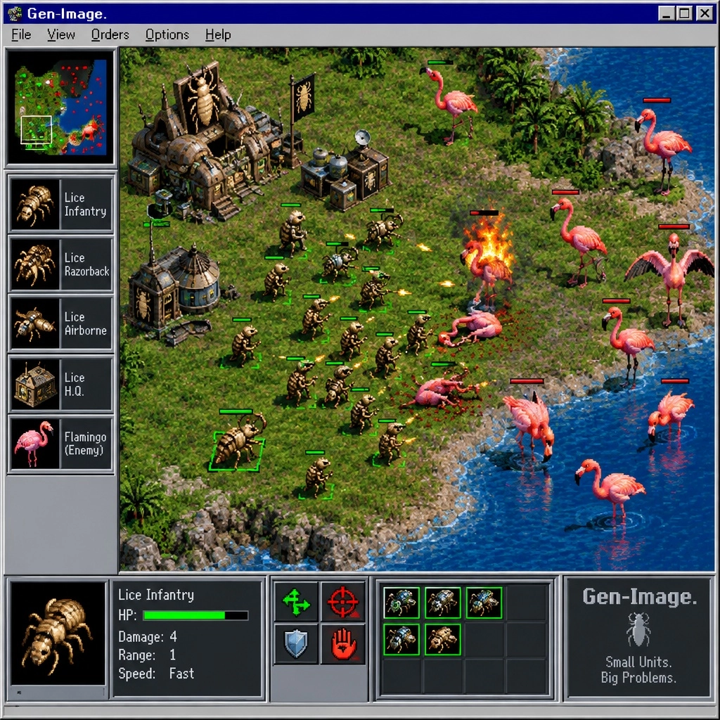 An isometric  RTS game called "Gen-Image." running  on Windows 95  16-bit High  Colour with 3D  digitised into 2D sprite