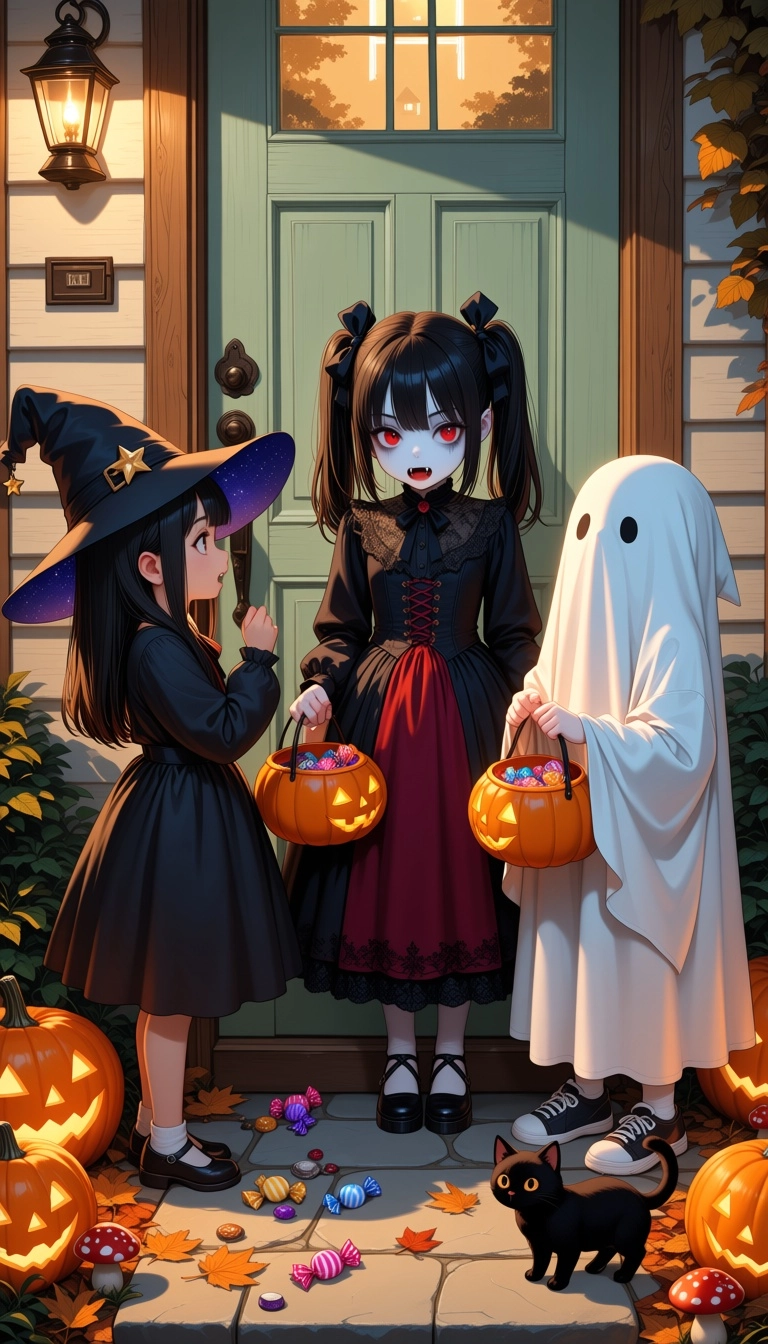 Cute 3D digital illustration anime style, depicting three children in Halloween costumes at a house door. On the left, k
