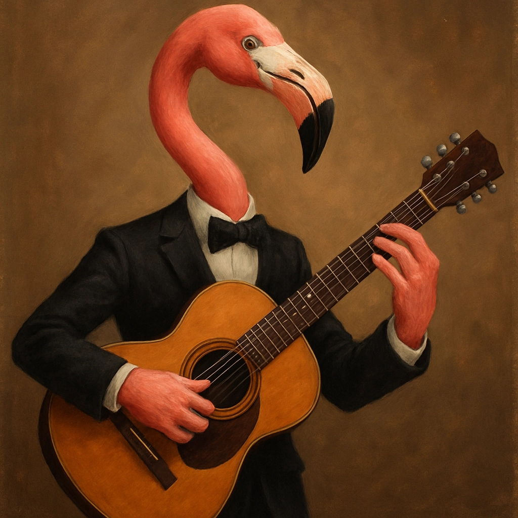 Flamingo playing guitar Dressed up in a suit 