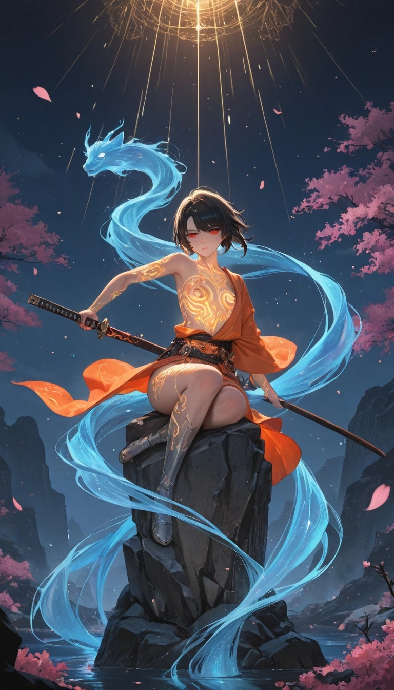 A shirtless male anime warrior with long, flowing black hair and piercing red eyes sits in a regal, commanding noble pos