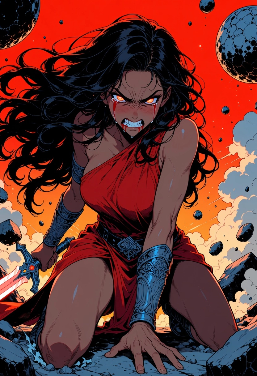 Ethiopian warrior girl slashing the firmament, asteroid, terror of the west, cracking concrete with the effort, post pos