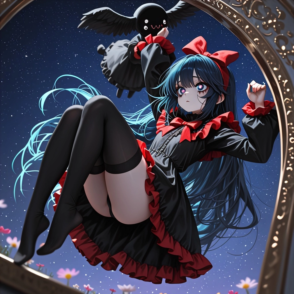 mabel (black souls), maymay(black souls 2), long hair, deep blue eyes, stars in the eyes, deep blue hair, thighhighs, ba