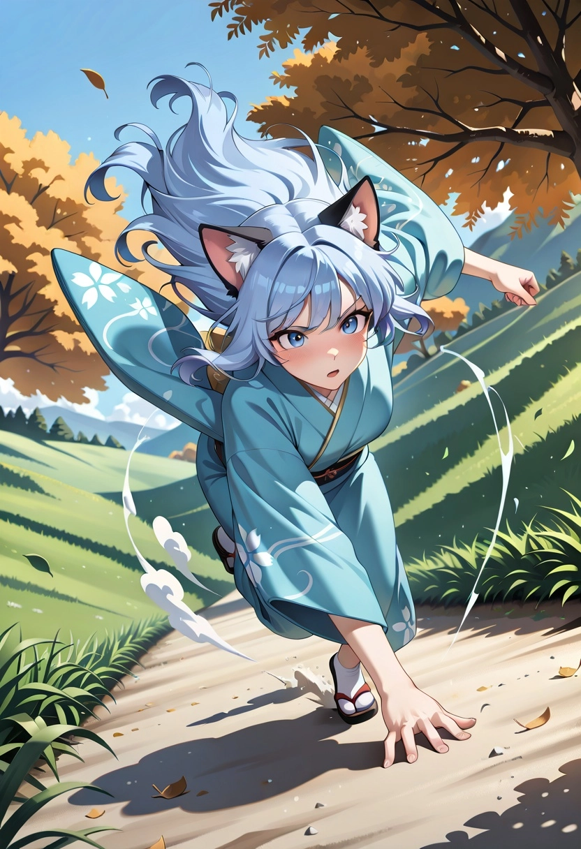 1girl, cat ears, long blue hair, kimono, running down a grassy hill, dynamic pose, wind-blown hair, leaves swirling in a
