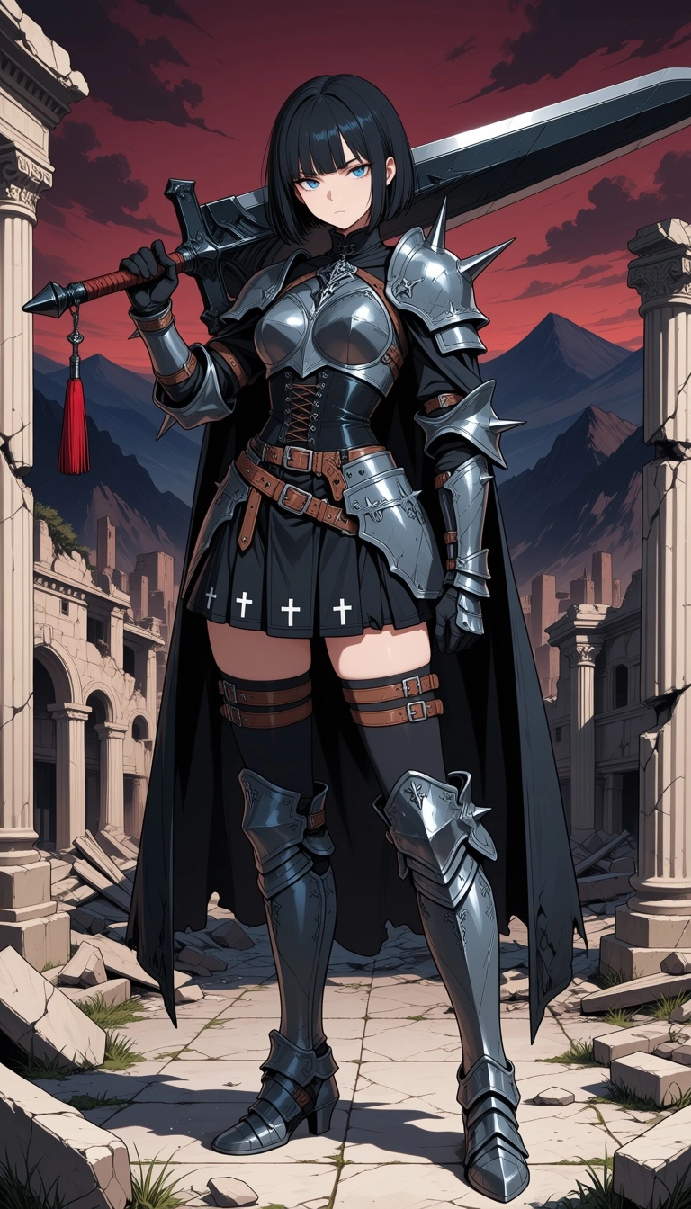 High-quality 2D anime illustration of a female warrior with short bob with bangs black hair, blue eyes, and a serious, c