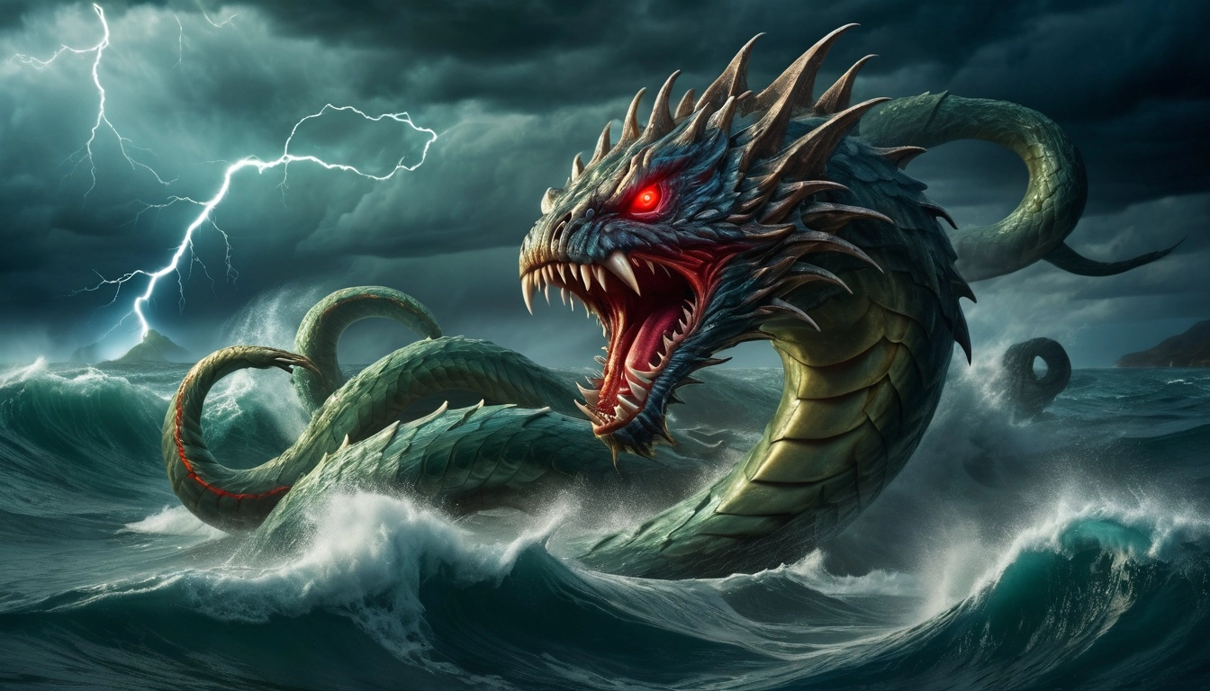 fantasy, long serpent sea monster, tempest, ocean, fangs, emerging from the ocean during a storm, lightning, scales, 4 r