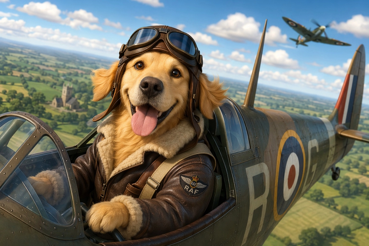 3D Pixar animation style. A golden Retriever, wearing ww2 flying outfit: goggles, hat, jacket. is flying an open cockpit