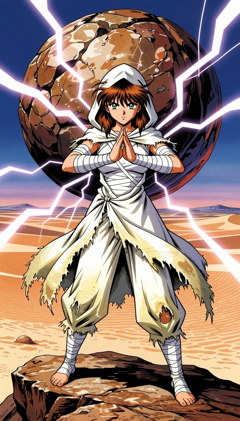 beautiful girl with messy light brown hair and green eyes, tattered and dirty white hooded cloak made of coarse yellowis