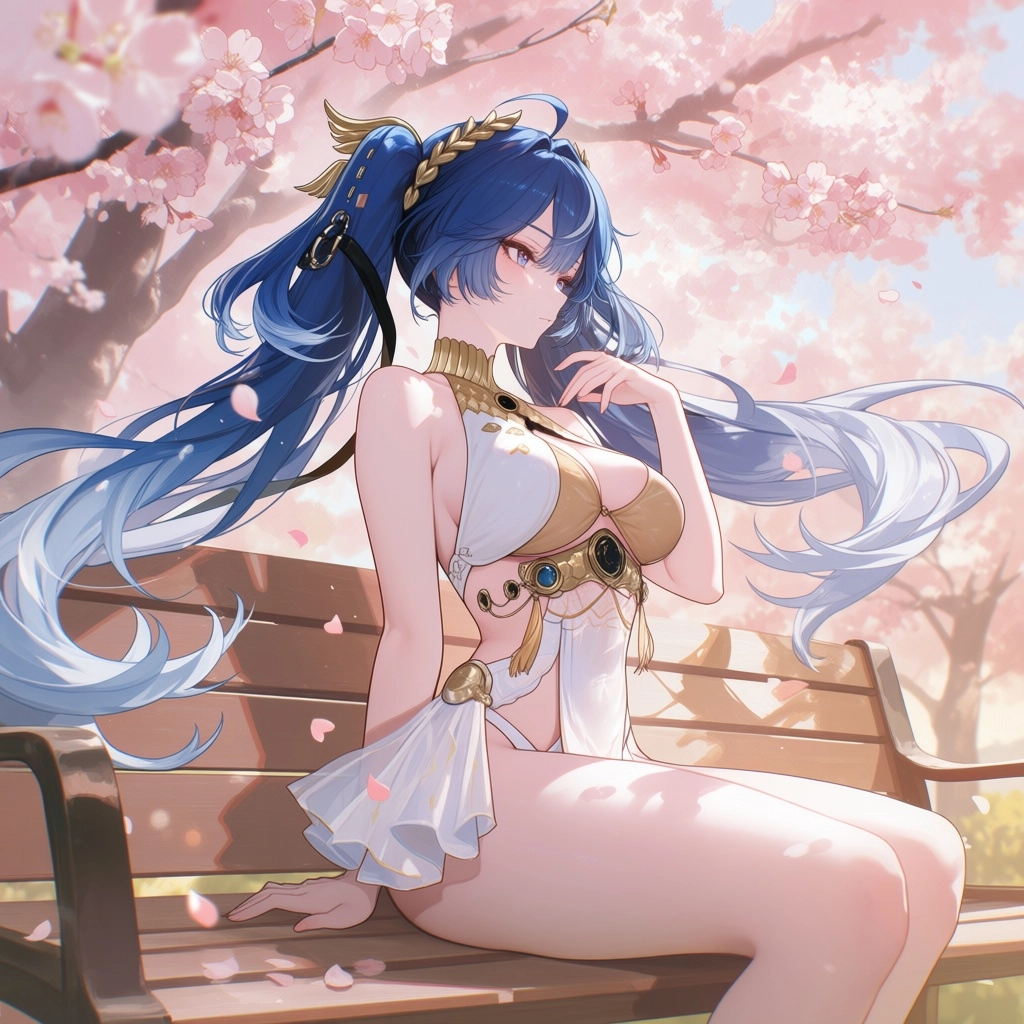 1girl, iuno from wuthering waves, pastel color palette, soft anime shading, curvy figure, voluptuous, sitting gracefully