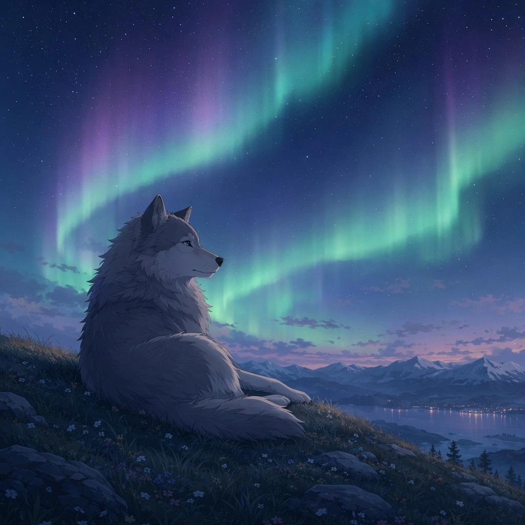 A lone wolf chilling on a hill under the northern lights. soft cute anime atmospheric style