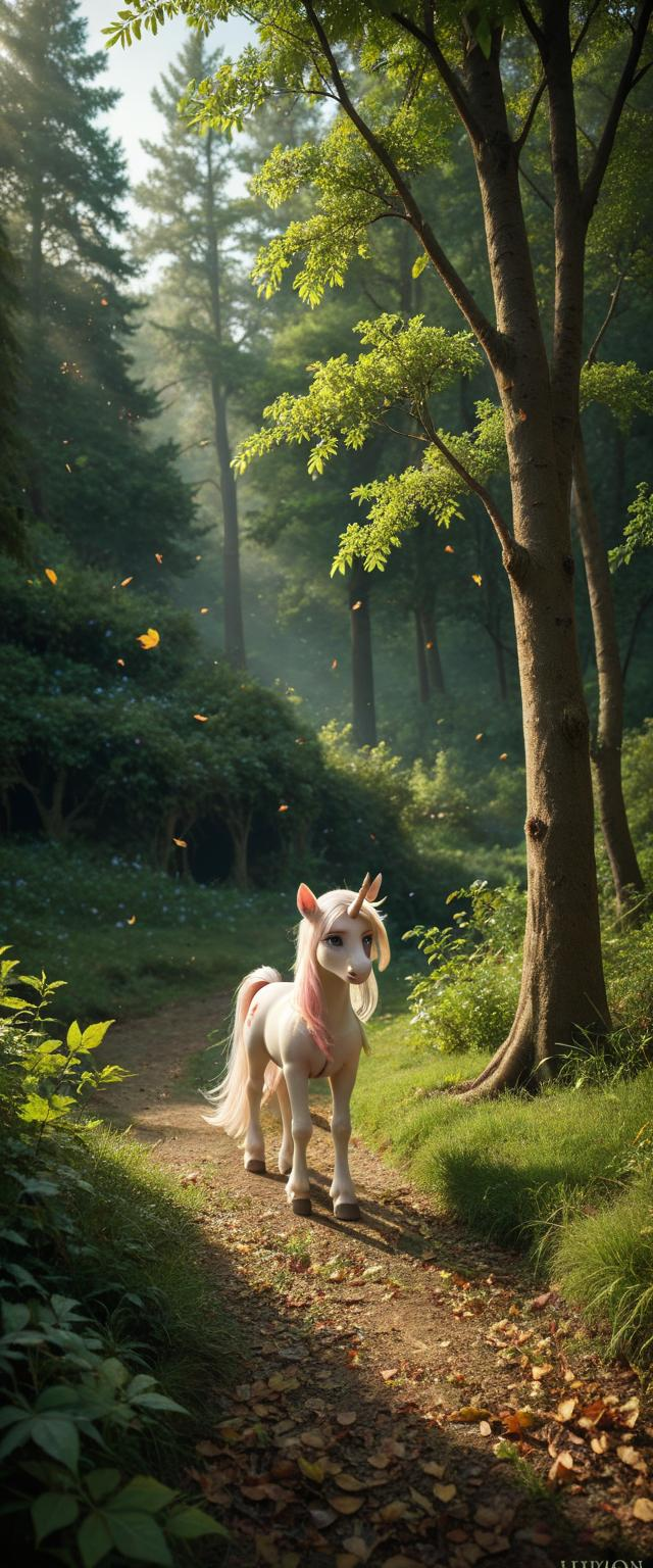 An enchanted forest at dawn, with dew-covered leaves and a unicorn grazing