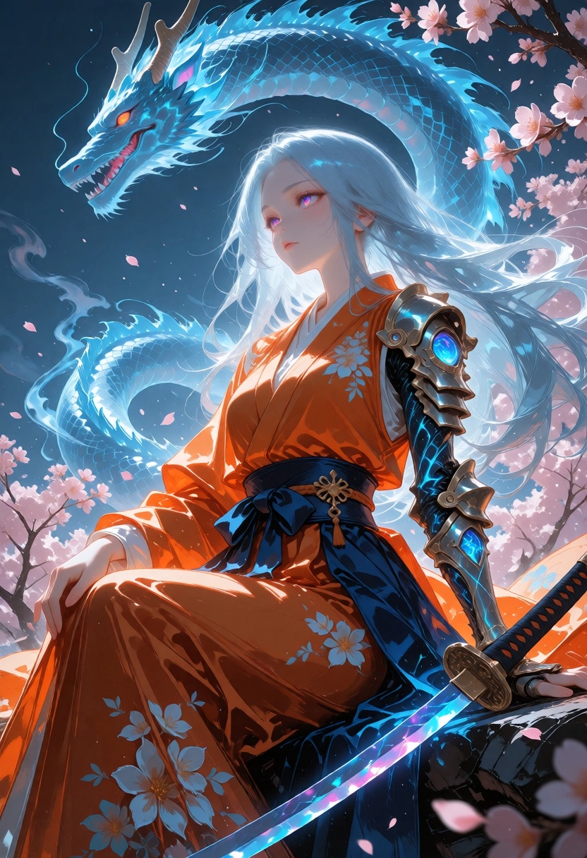 Anime warrior with long, flowing hair and piercing colorful eyes sits in a regal, commanding noble pose rooted in classi