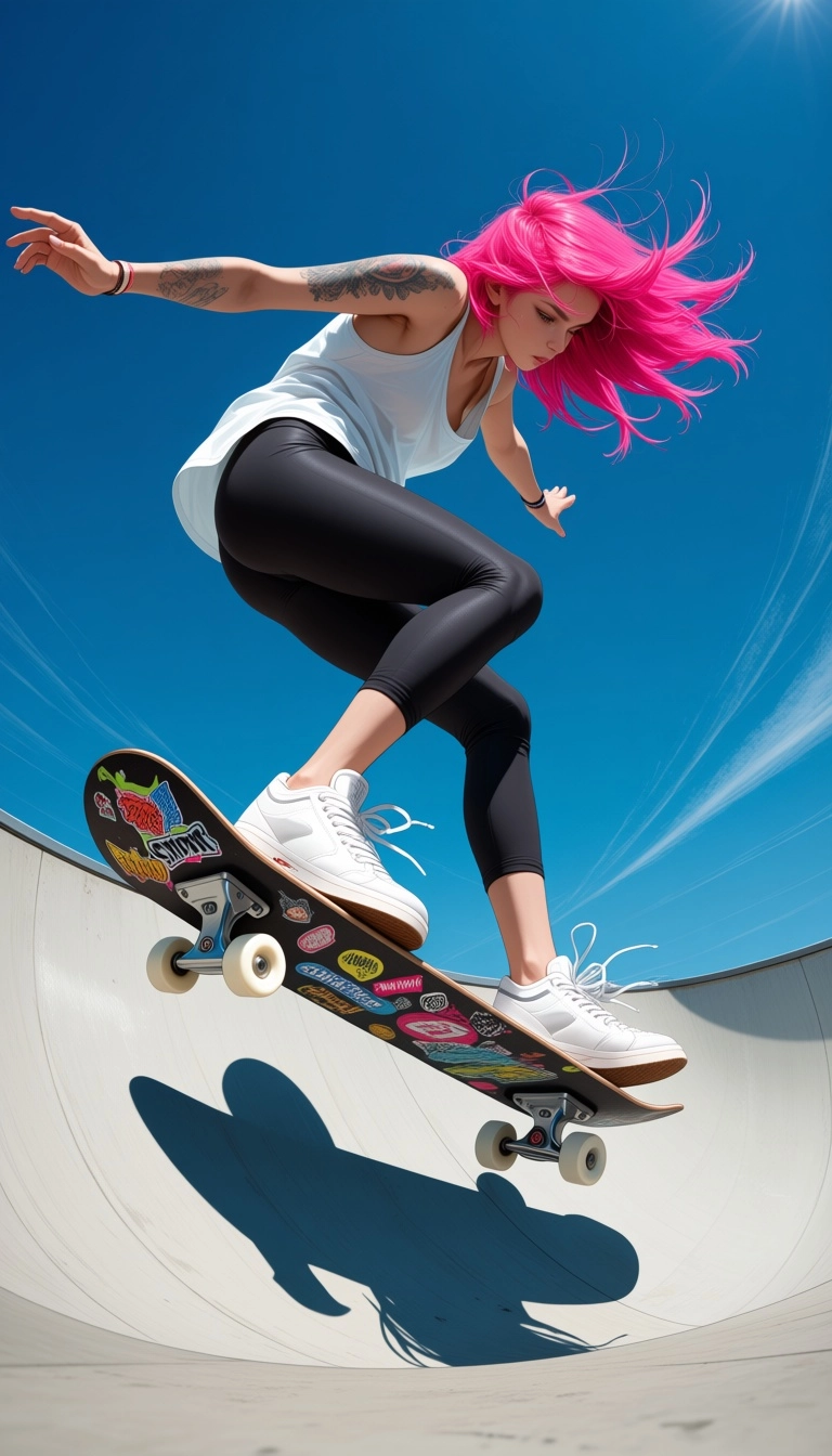 Low-angle action photograph of a radical skateboarder with vibrant pink hair blowing in the wind, performing an aerial t