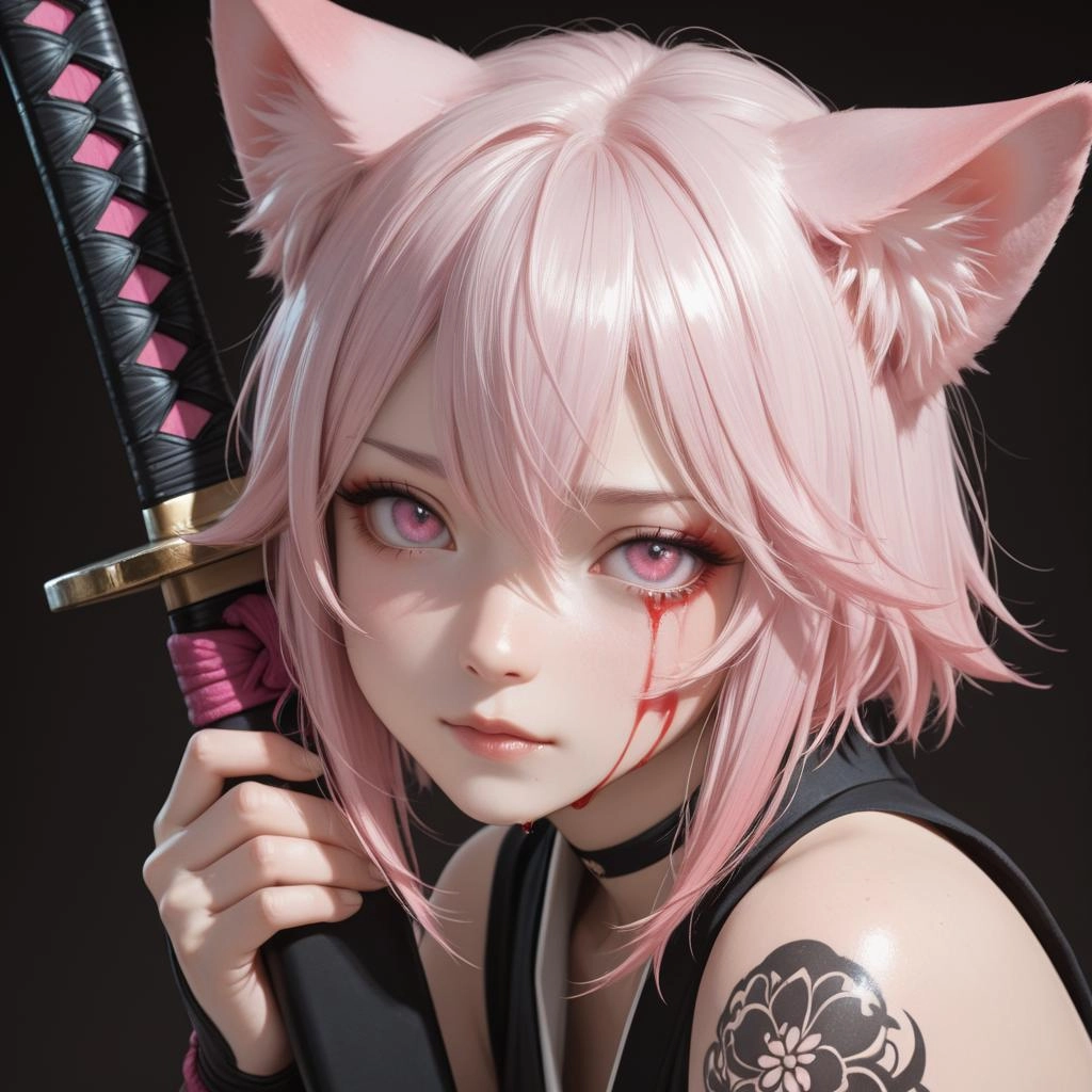 Samurai cat girl, with a samurai sword with pink hair, pink eyes, face, tattoos, with blood everywhere