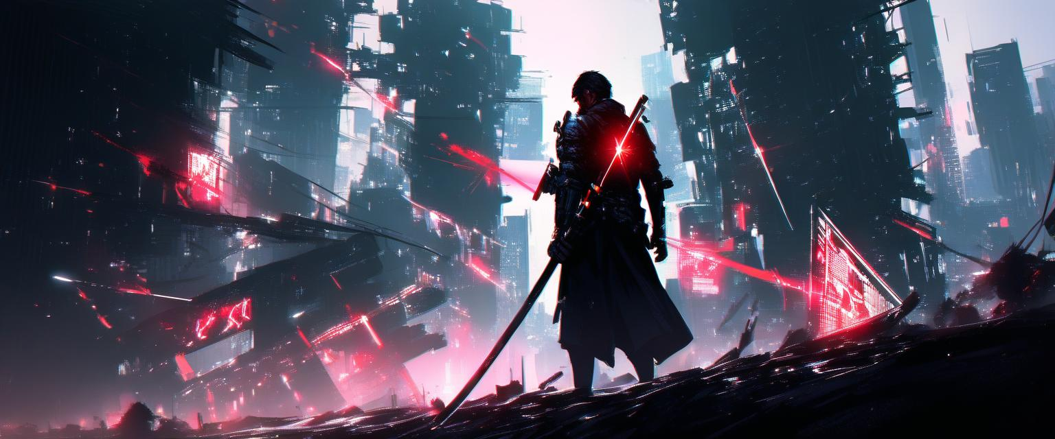 A photorealistic image of an aged cyber-samurai standing solemnly in a ruined, post-apocalyptic sci-fi world. His weathe