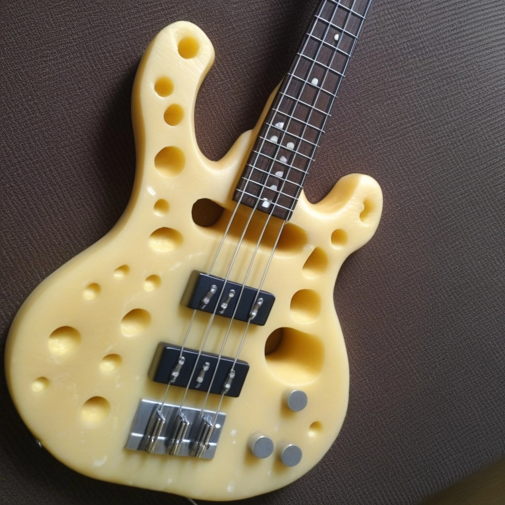 A bass guitar made of swiss cheese