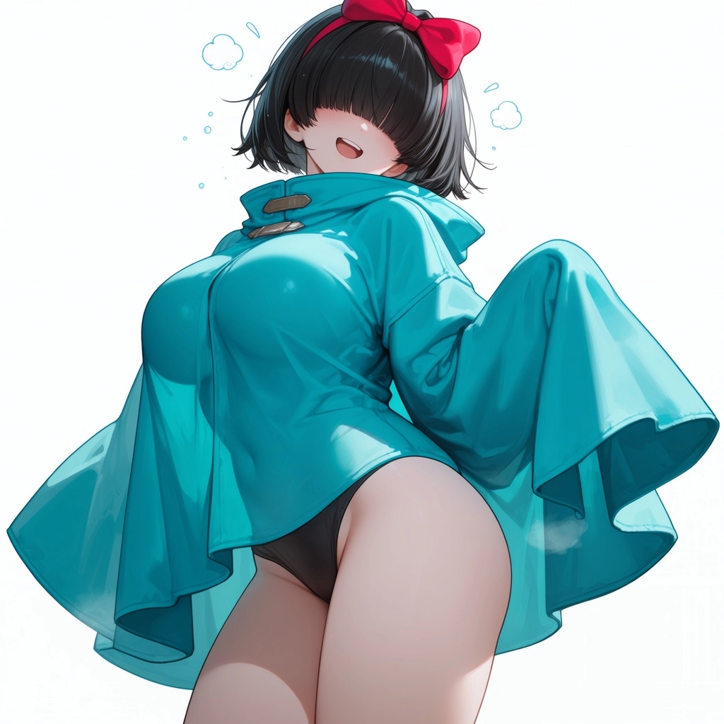 A cute girl in a cute pose. she has large breasts. she is in a large cyan cloak. she has short black hair with bangs tha