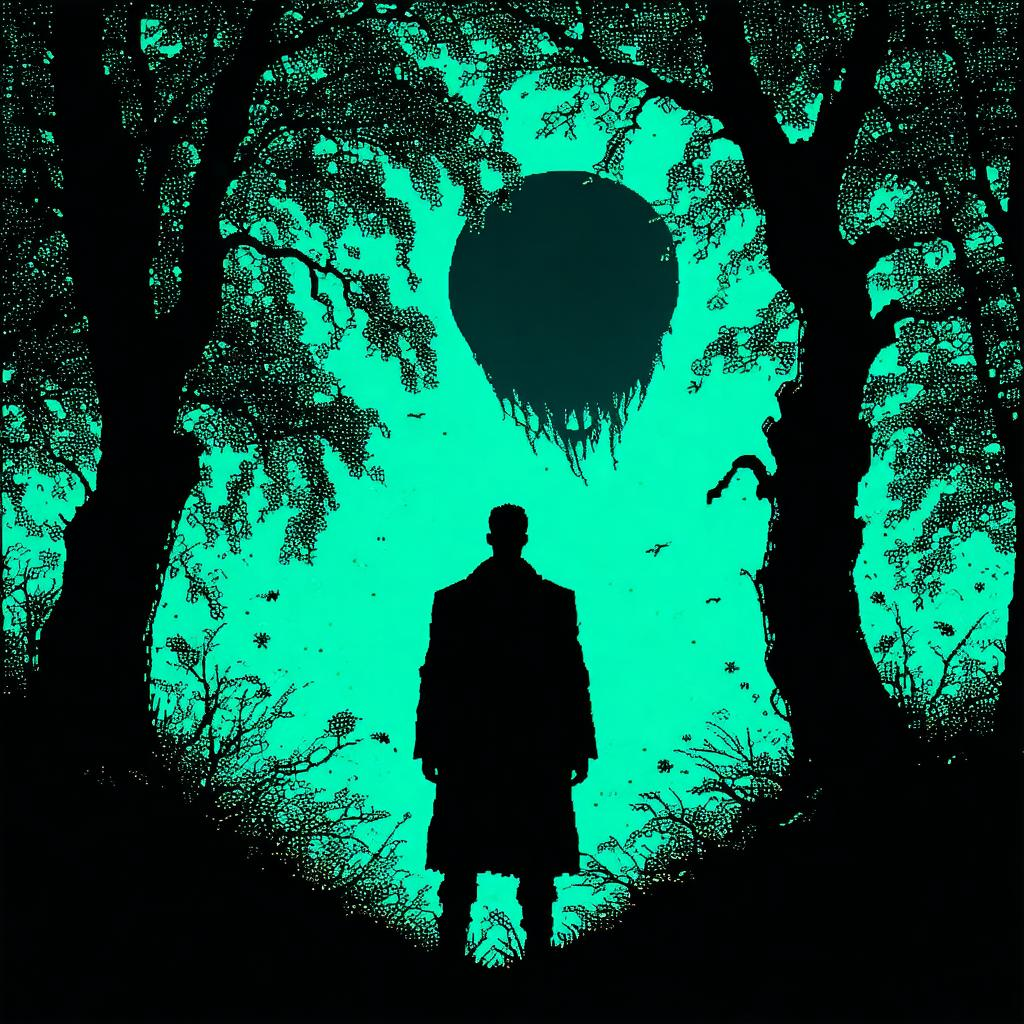 Grainy photo of a monster in the form of a man staring at the viewer through the tree line at night