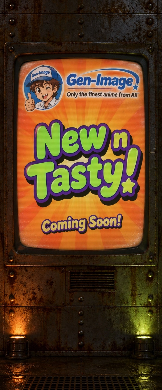 A  vertical backlit CRT screen advertisement.
It's  advertising something "New n Tasty" coming soon.  The  font  is  cut