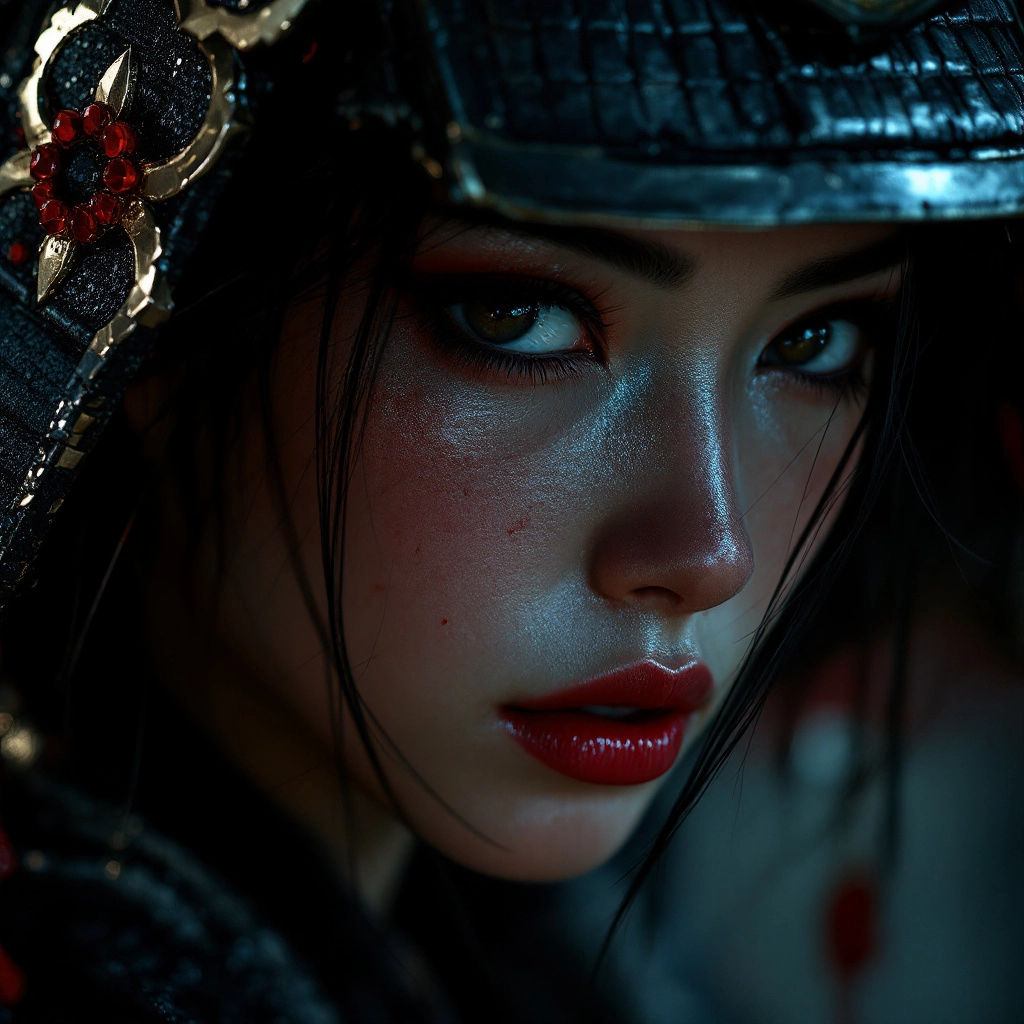 A hyper-realistic, ultra-detailed, close-up photo shot of a samurai girl with a high-end DSLR, showcasing extreme textur