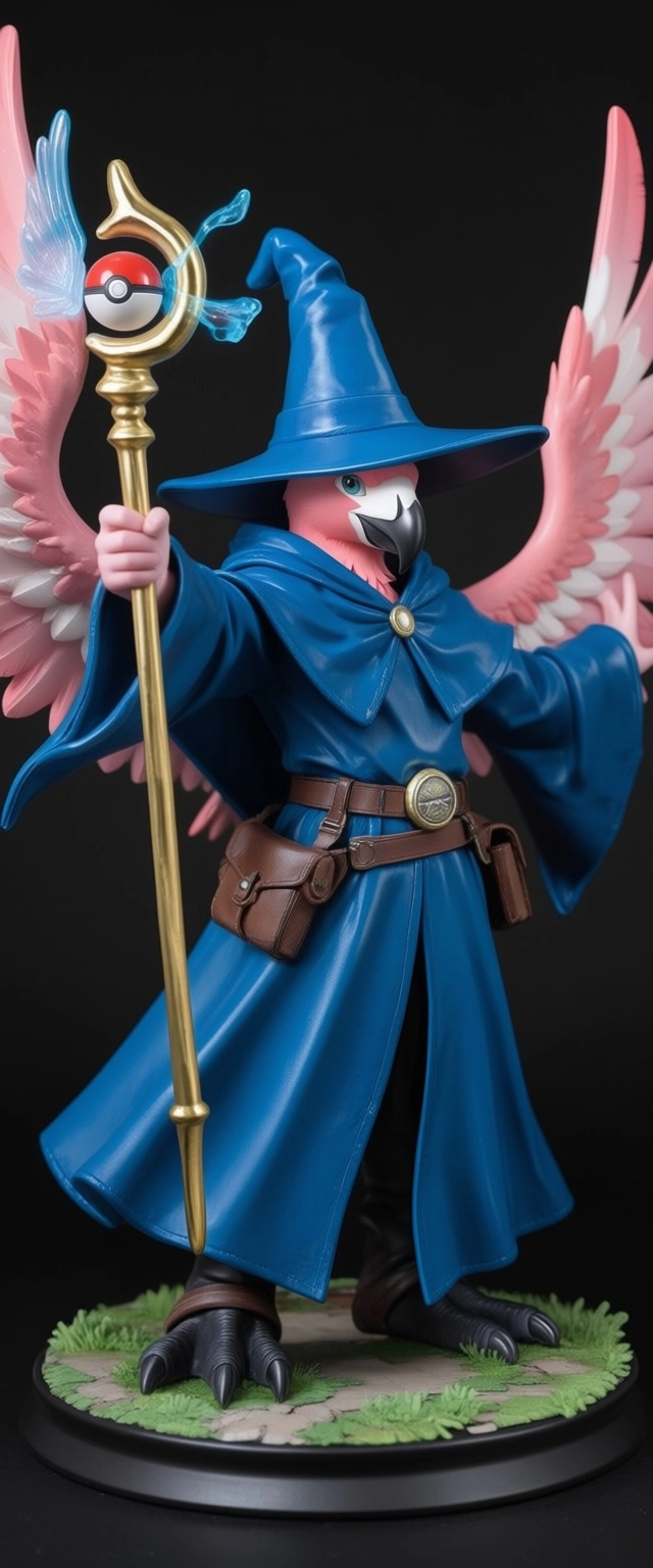 male, flamingo, anthro, avian, pink feathers, wings  for hands, blue mage robe, blue wizard's hat, golden mage's staff w