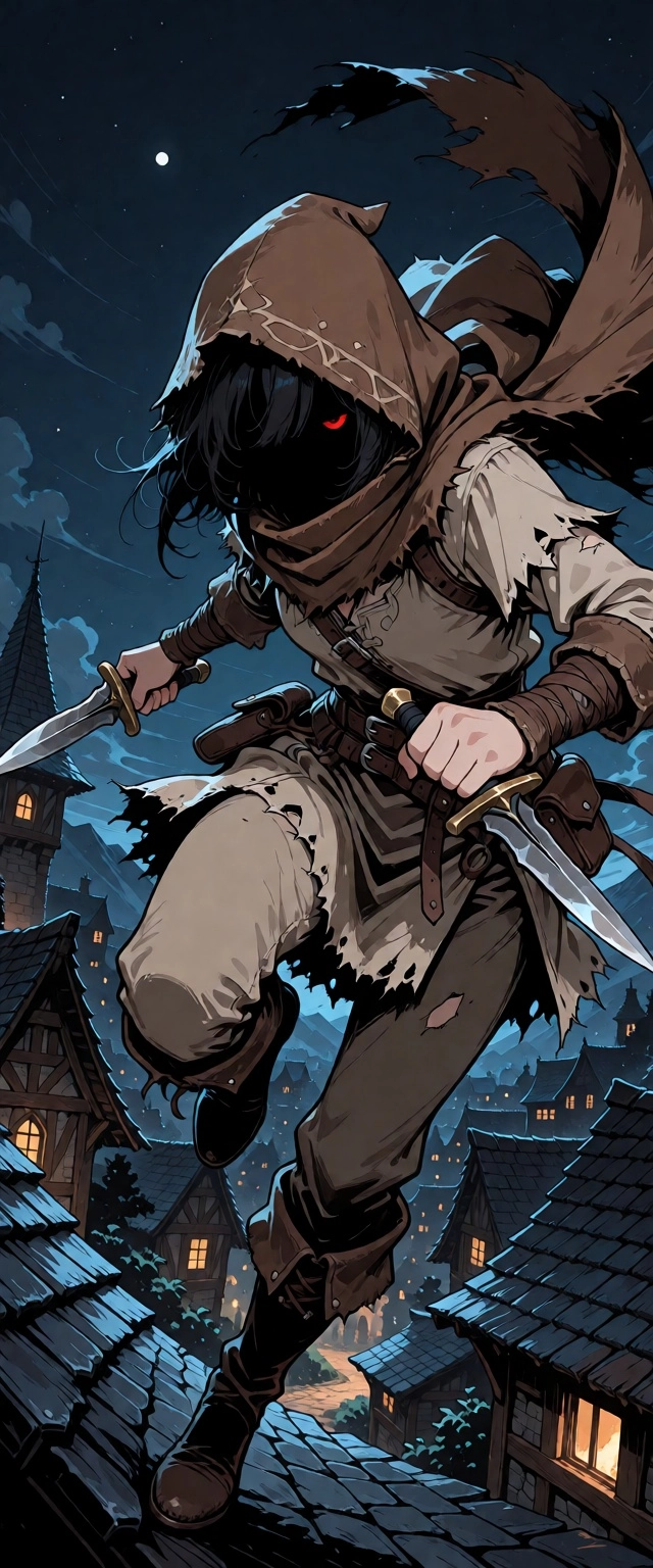1girl, female, human, torn brown linen tunic , rugged brown hooded scarf, face obscured,  black  leather  boots,  dual  