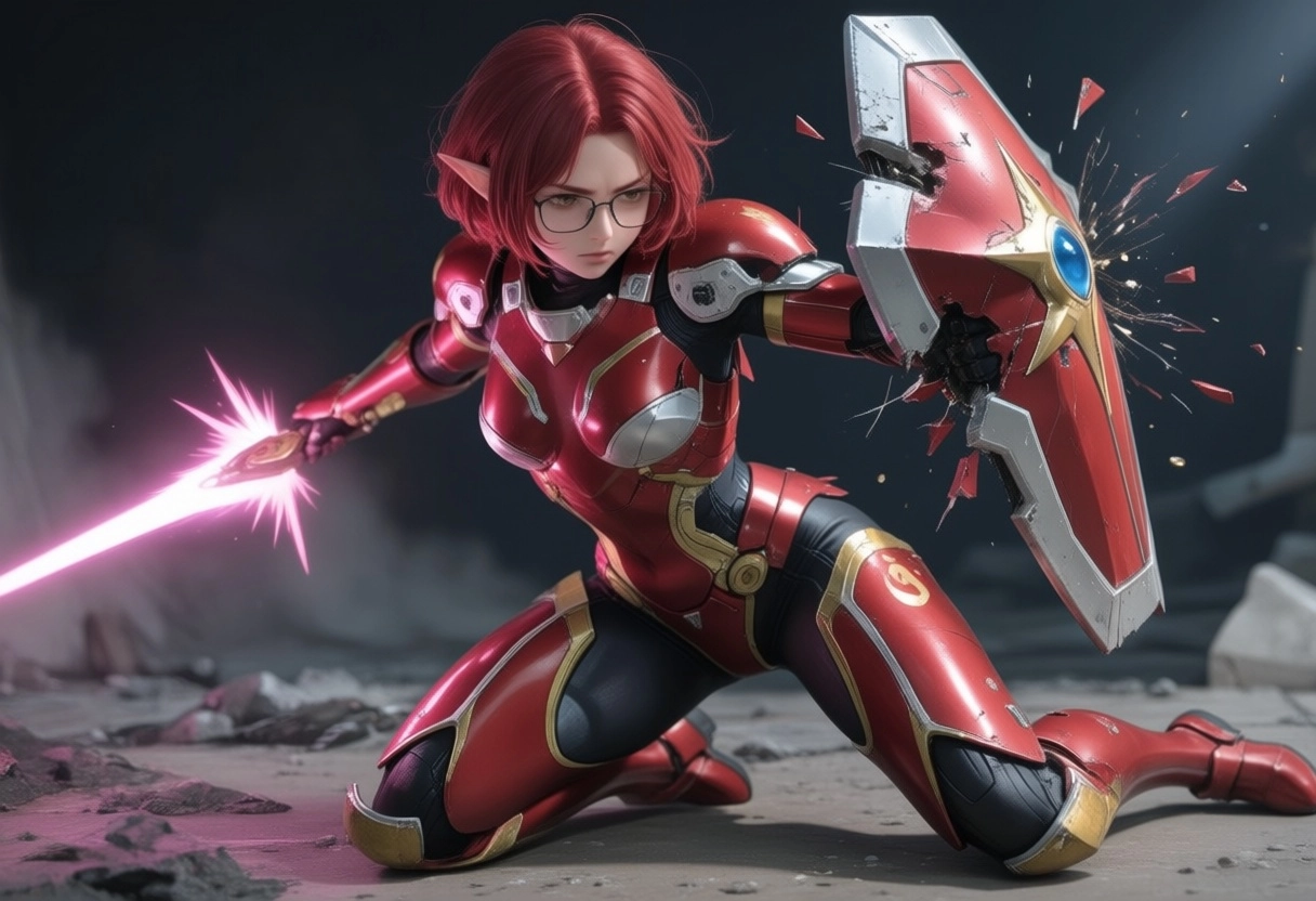 Female elf, red short hair, glasses, future base scenario, red and gold power armor, armor torn apart, she raised her sh
