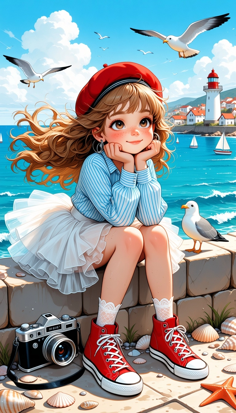 Detailed watercolor painting style illustration of a cute little girl sitting on a stone wall by the sea. She has long, 
