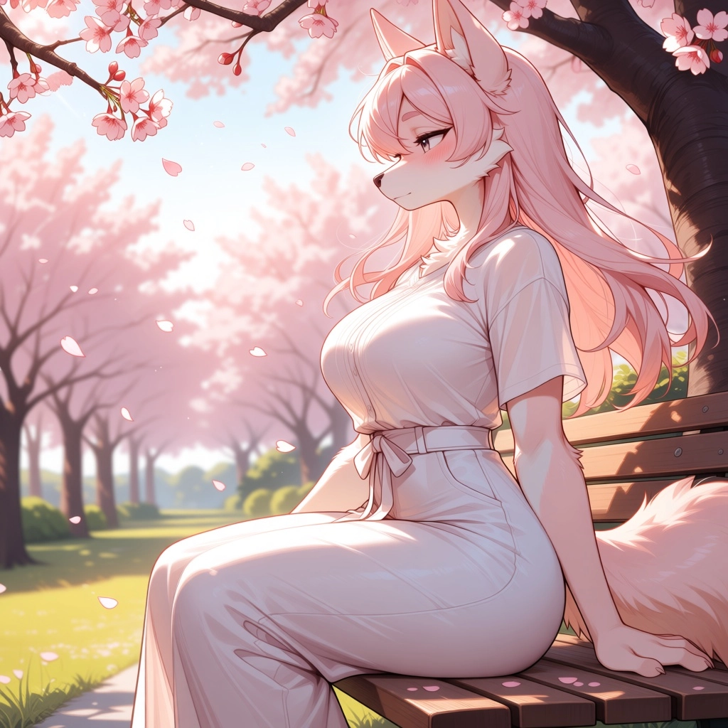 1girl, furry, pastel color palette, soft anime shading, curvy figure, voluptuous, sitting gracefully on wooden bench, ge