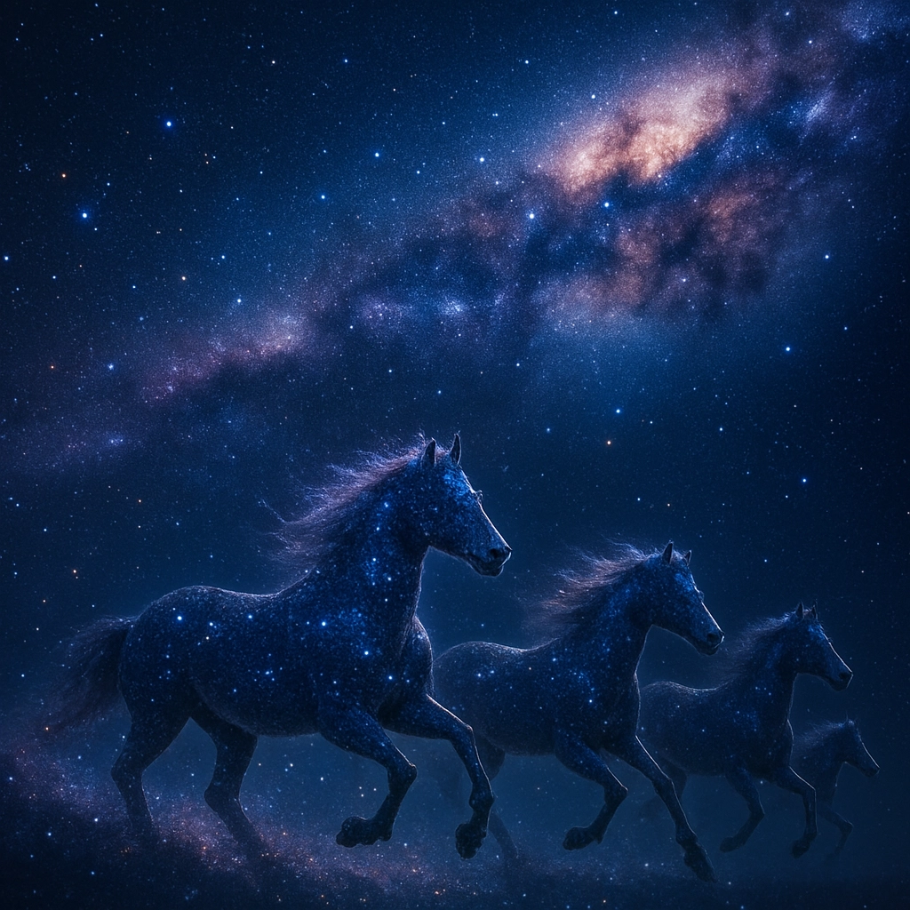 horses running through the stars through the milky way
