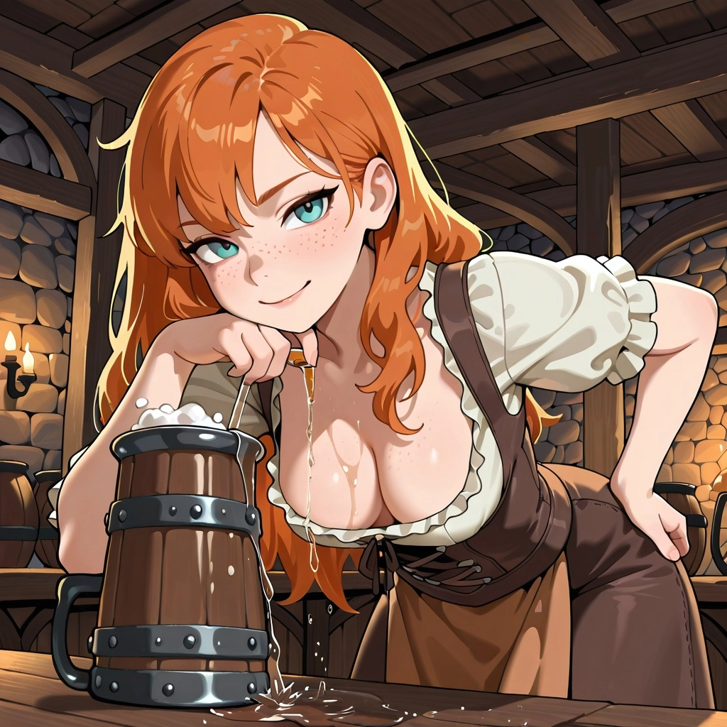Ginger, freckles, medium breasts, medieval barmaid outfit, in a tavern, leaning over pouring a drink, cleavage, down blo