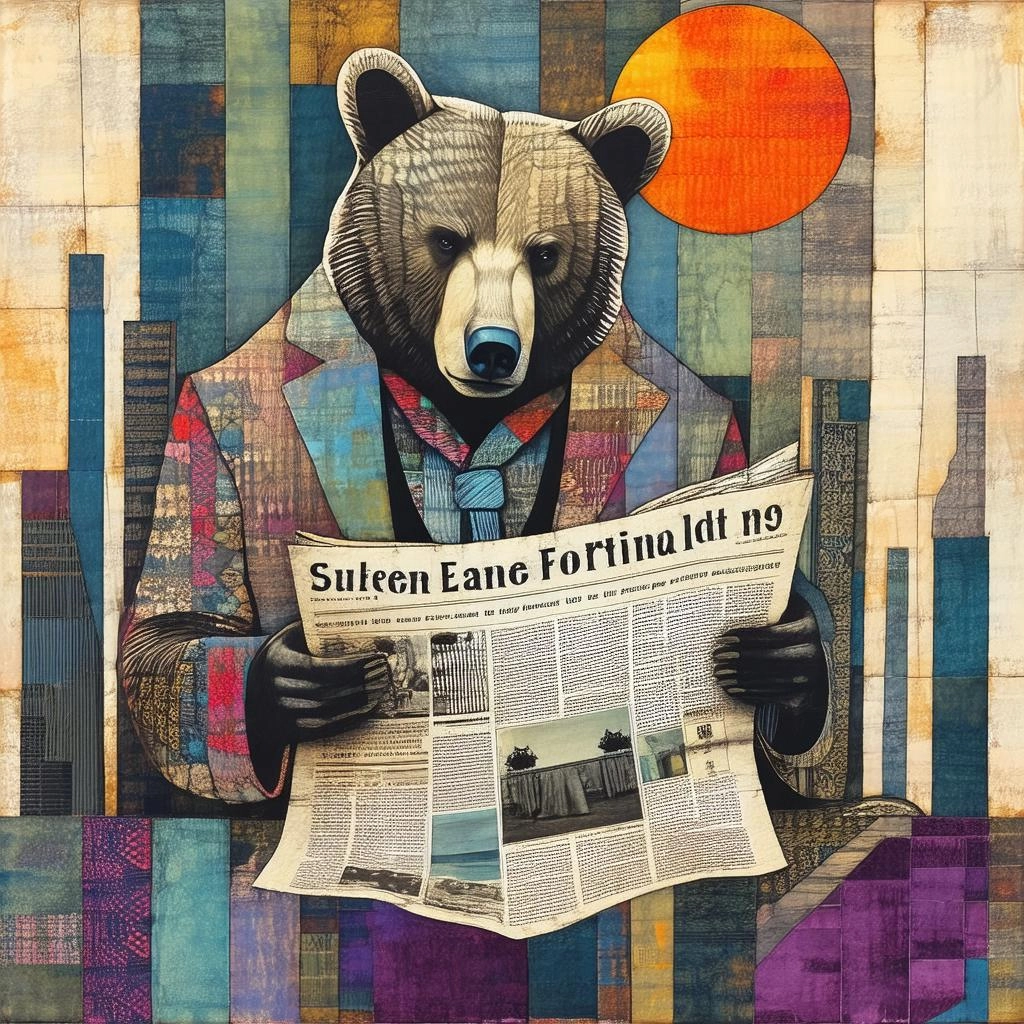 A distorted, dream-like scene of dysfunctional bear reading a newspaper, reminiscent of Eileen Agar's surrealist tendenc