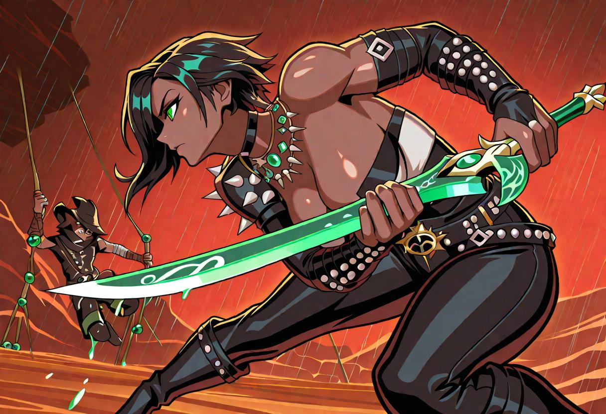 frantic dual to the death between a heavy and a light swordsman, Action shot, grey skied solitary dual in the pouring ra