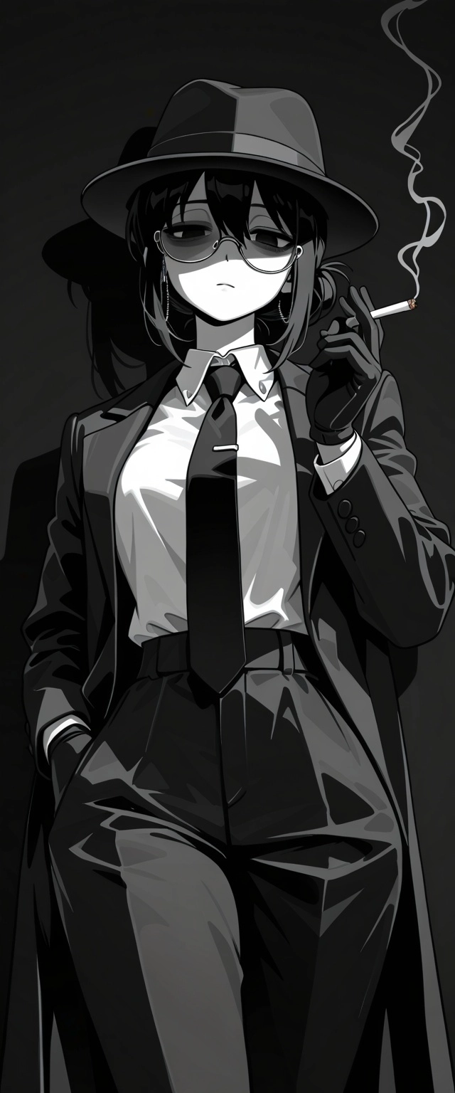 arched back, black hair, short hair, fedora, black gloves, black pants, cigarette, monochrome, necktie, shaded_face, eye