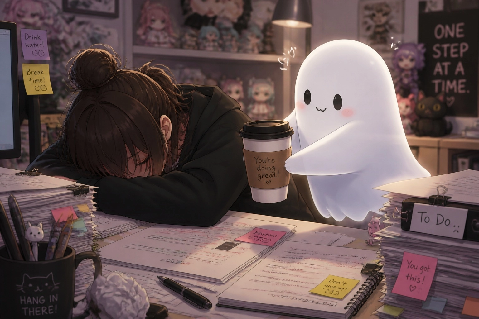 Cute friendly ghost pushing a cup of coffee to you on your desk from the side of the image, helping out. Image of a desk