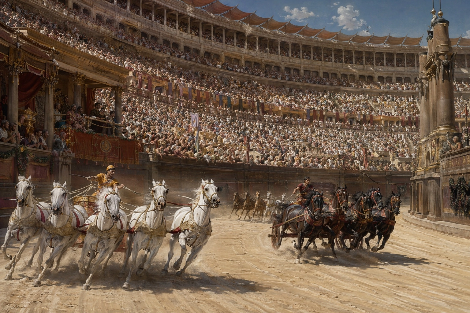 A hyperrealistic oil painting. The Colosseum in Rome, packed with spectators, is the scene of chariot races—excitement, 