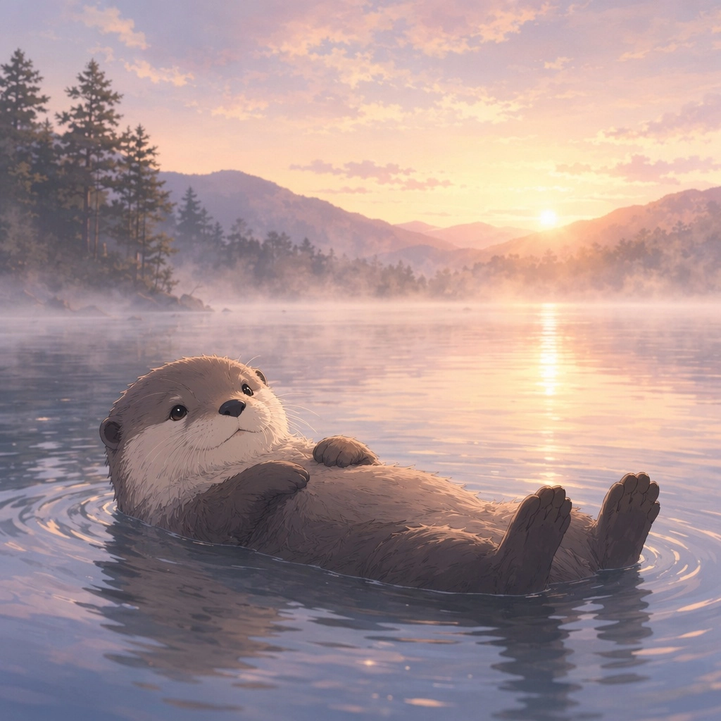 Otter on a misty lake at sunrise floating on its back. soft cute anime atmospheric style