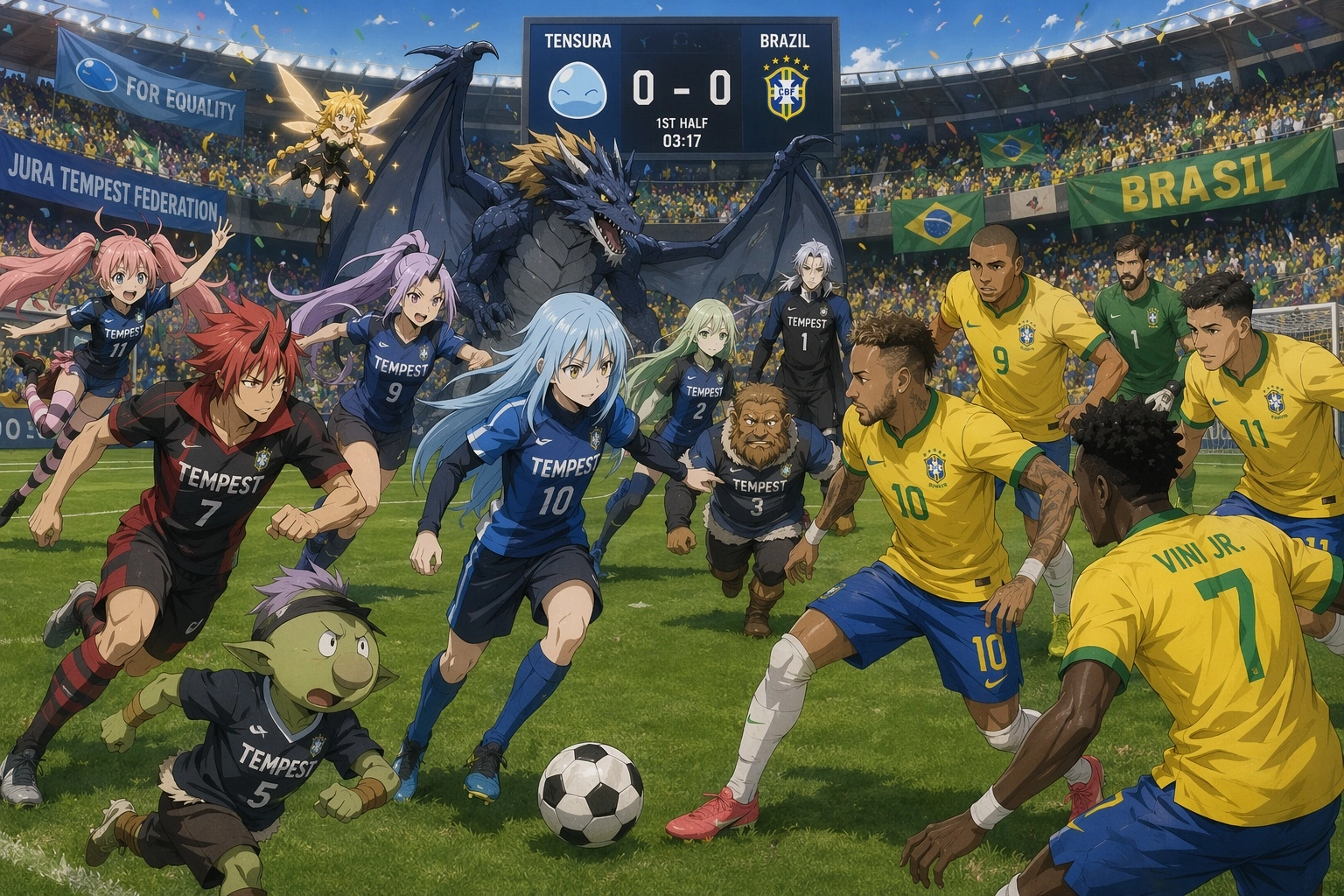 A wide scene of of the cast of Tensura - That Time I Got Reincarnated as a Slime, Rimuru Tempest, Benimaru, Shion, Shuna