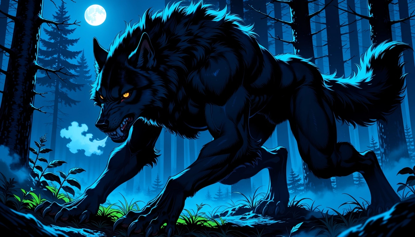 A black-furred male werewolf prowls through a misty forest under the light of the full moon. Driven by an insatiable hun