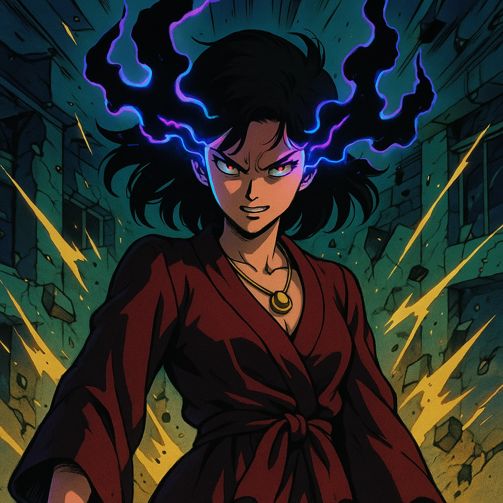 sakuga, medium shot of a sorcerer dressed woman standing with a dangerous look, as she stares harshly at the viewer, the