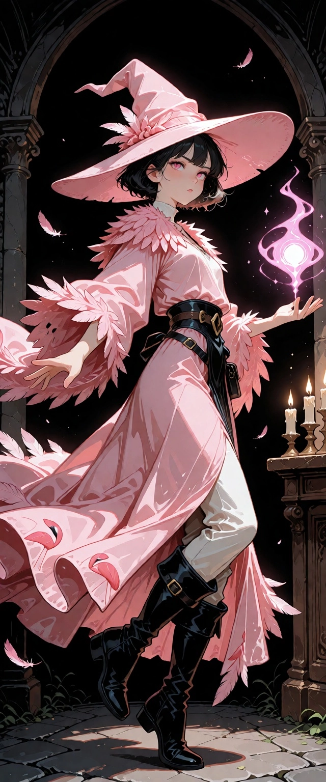 female, human,  flowing prismatic pink mages  robe  with pink  feathers,  pink wizard's hat,  black  leather  boots,  dy