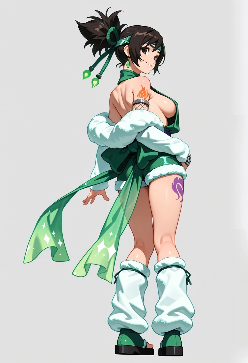 1girl, Yuffie_Kisaragi  (huge_breasts sideboob), open_back, sparkling glittering outfit clear transparent see-through,  