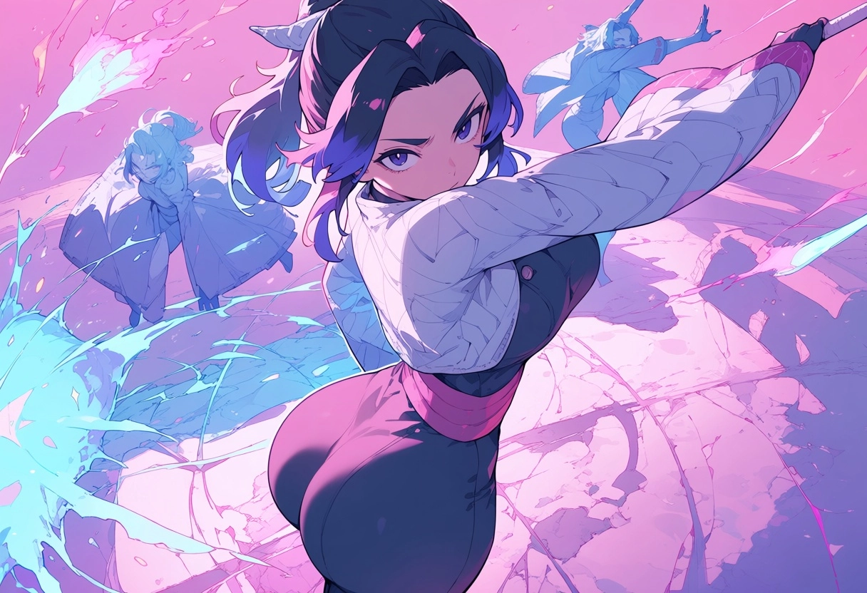 1girl, shinobu kochou, curvy body, large butt, fighting stance, ethereal enemy, magical sparks flying, glowing light eff