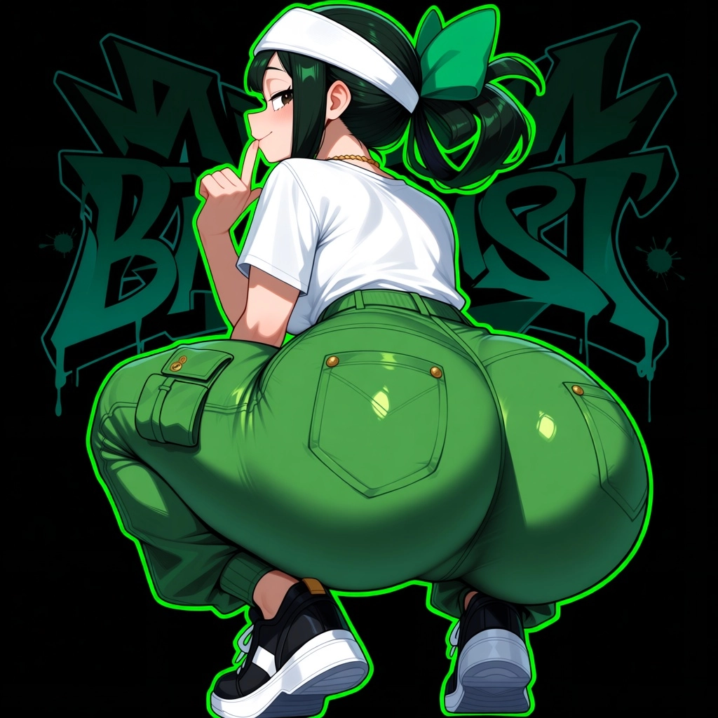 Tsuyu Asui, My Hero Academia, rear three-quarter view, deep squat pose looking back, finger on lips, huge exaggerated th