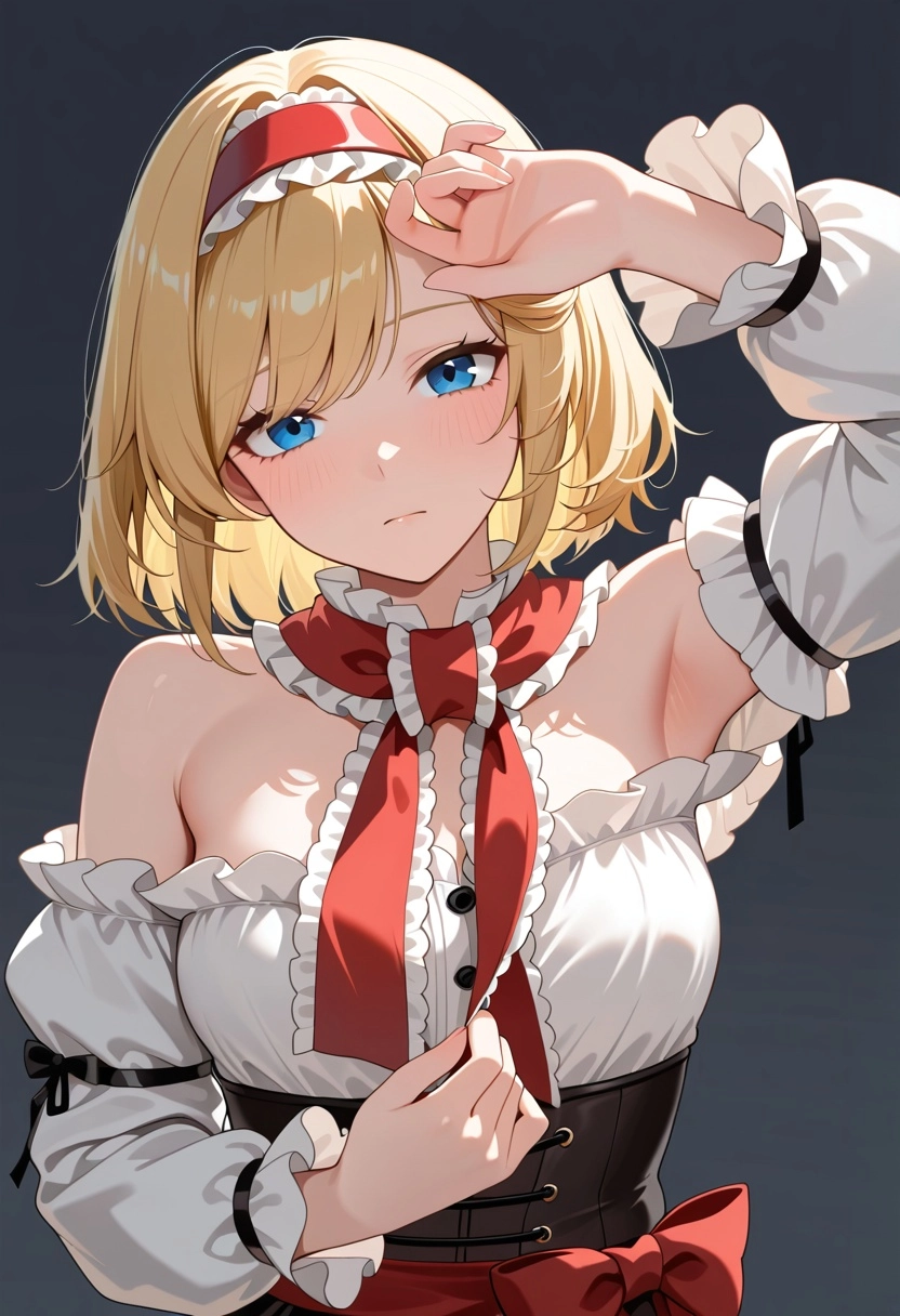 1girl, Alice Margatroid Touhou, short blonde bob haircut, chin-length, soft and fluffy texture, slightly layered ends cu