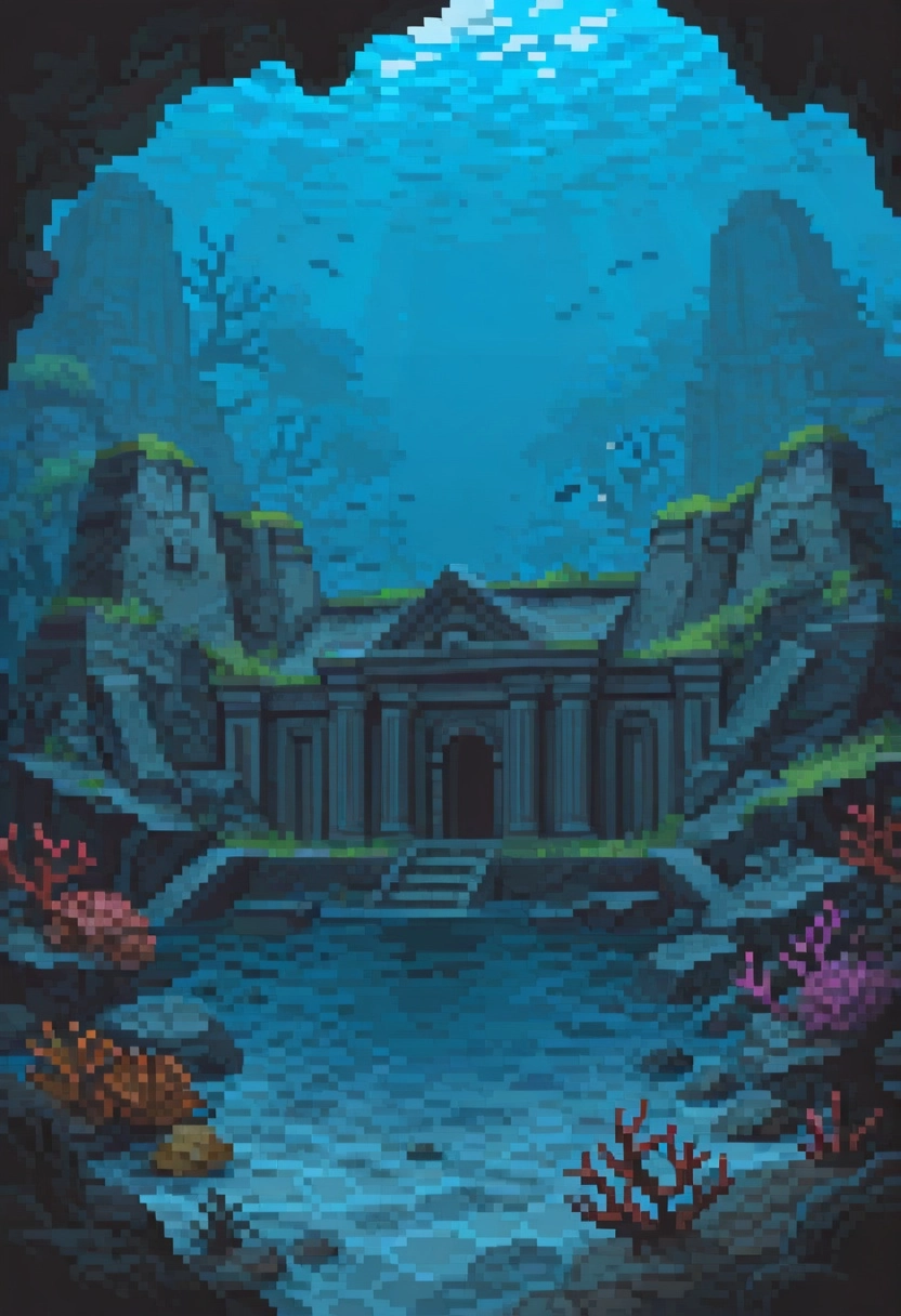 underwater ruins, ancient temple, fish swimming, coral reef