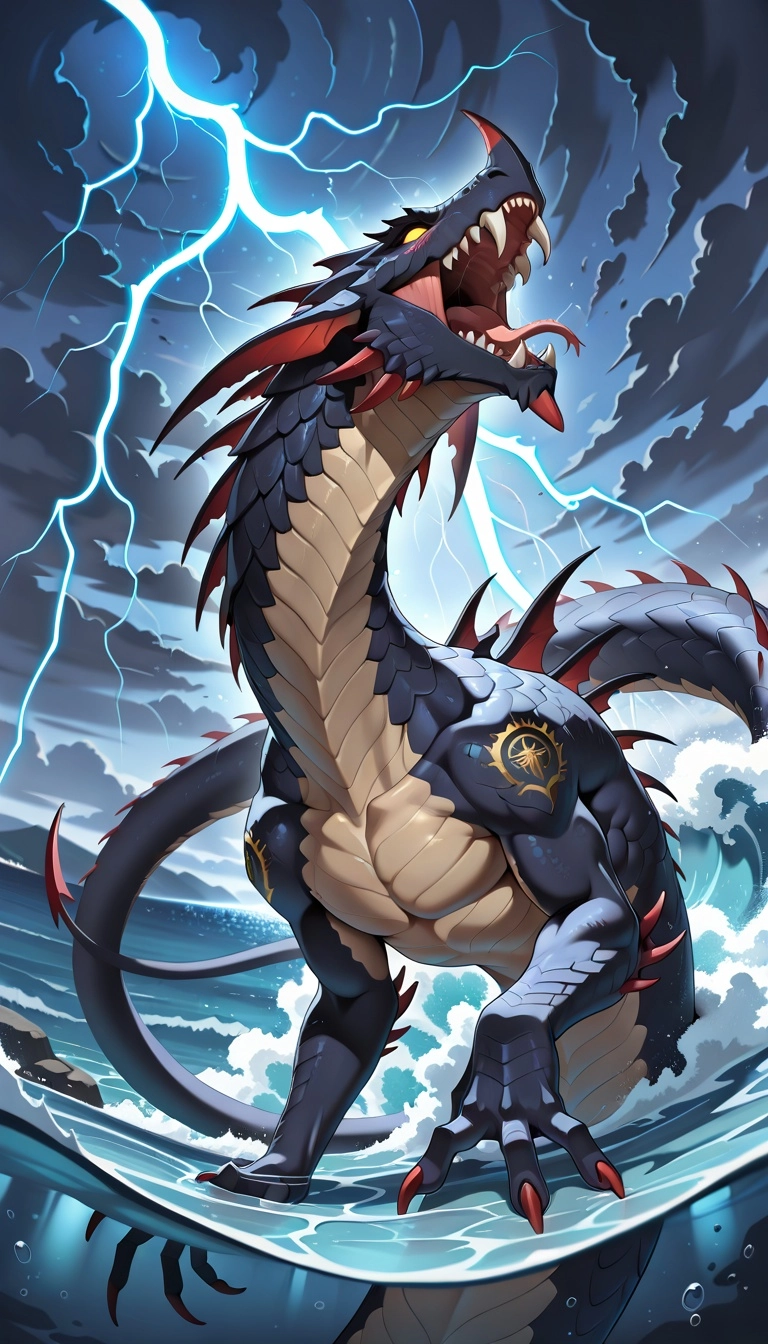 fantasy, long serpent sea monster, tempest, ocean, fangs, emerging from the ocean during a storm, lightning, scales, cre